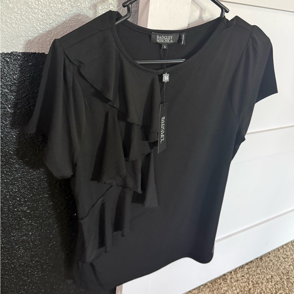 Badgley Mischka Elegant Black Ruffle Blouse Women’s S